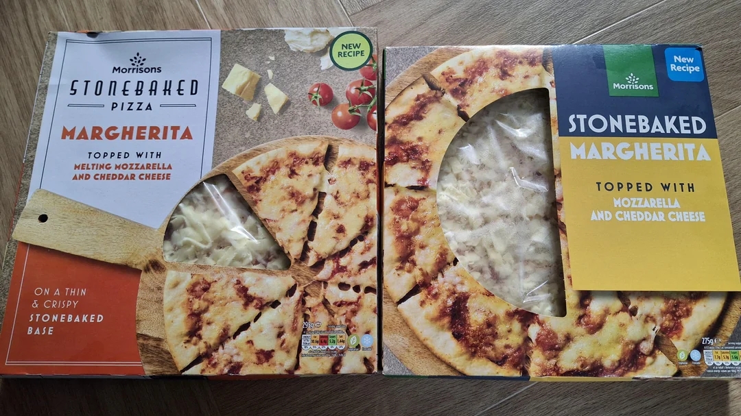 Two different pizza boxes showing Morrison&#x27;s Stonebaked Margherita pizza, topped with mozzarella and cheddar cheese, on a thin crust