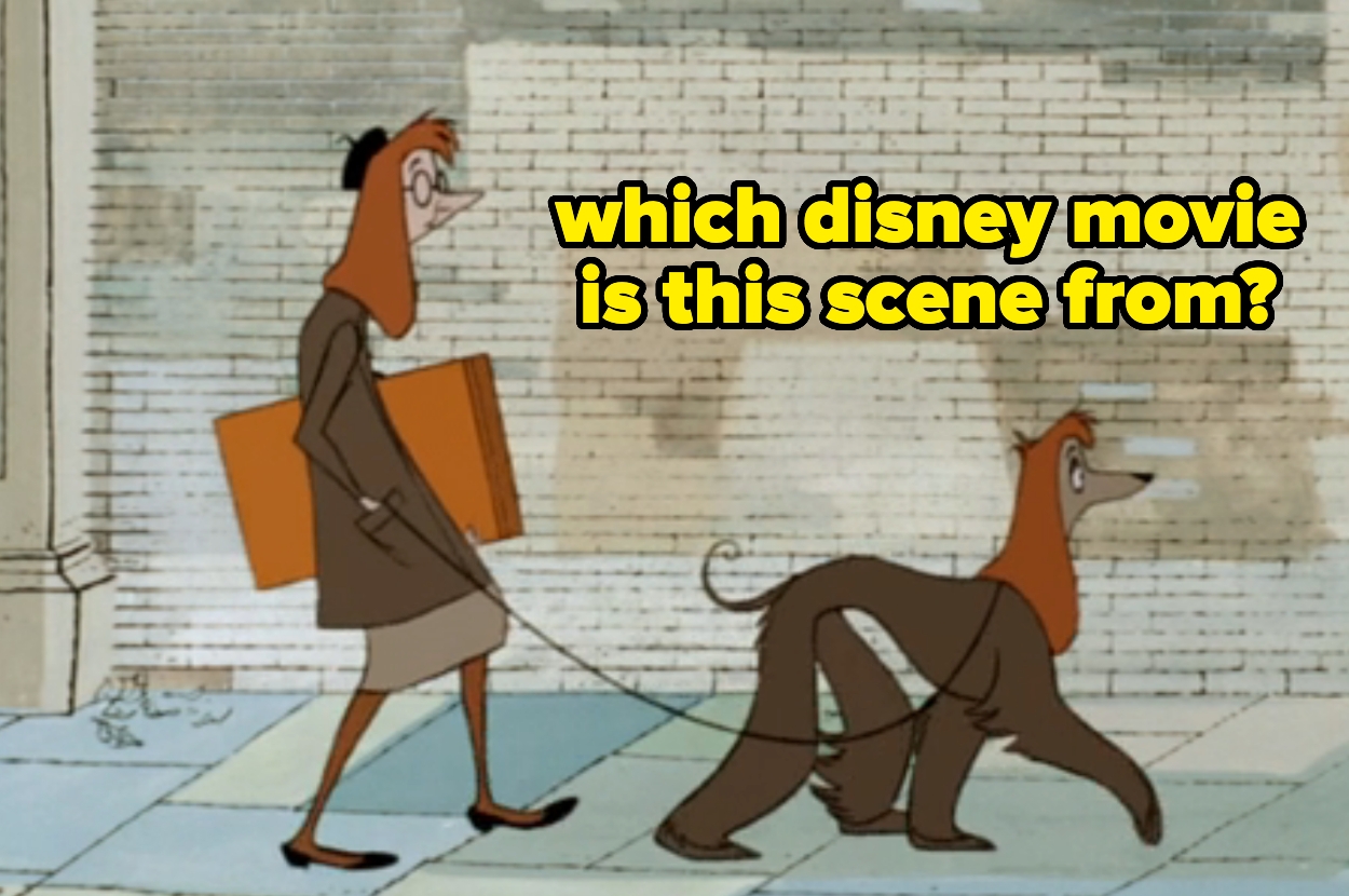 Animated character walks a dog with a similar appearance. Text asks which Disney movie this scene is from