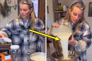 Popular TikToker known as Ballerina Farm in a plaid shirt pours raw milk into a bowl