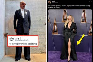 Two images: Left shows a person in an oversized black suit with wide pants. Right features a person in a black dress with a high slit on a red carpet