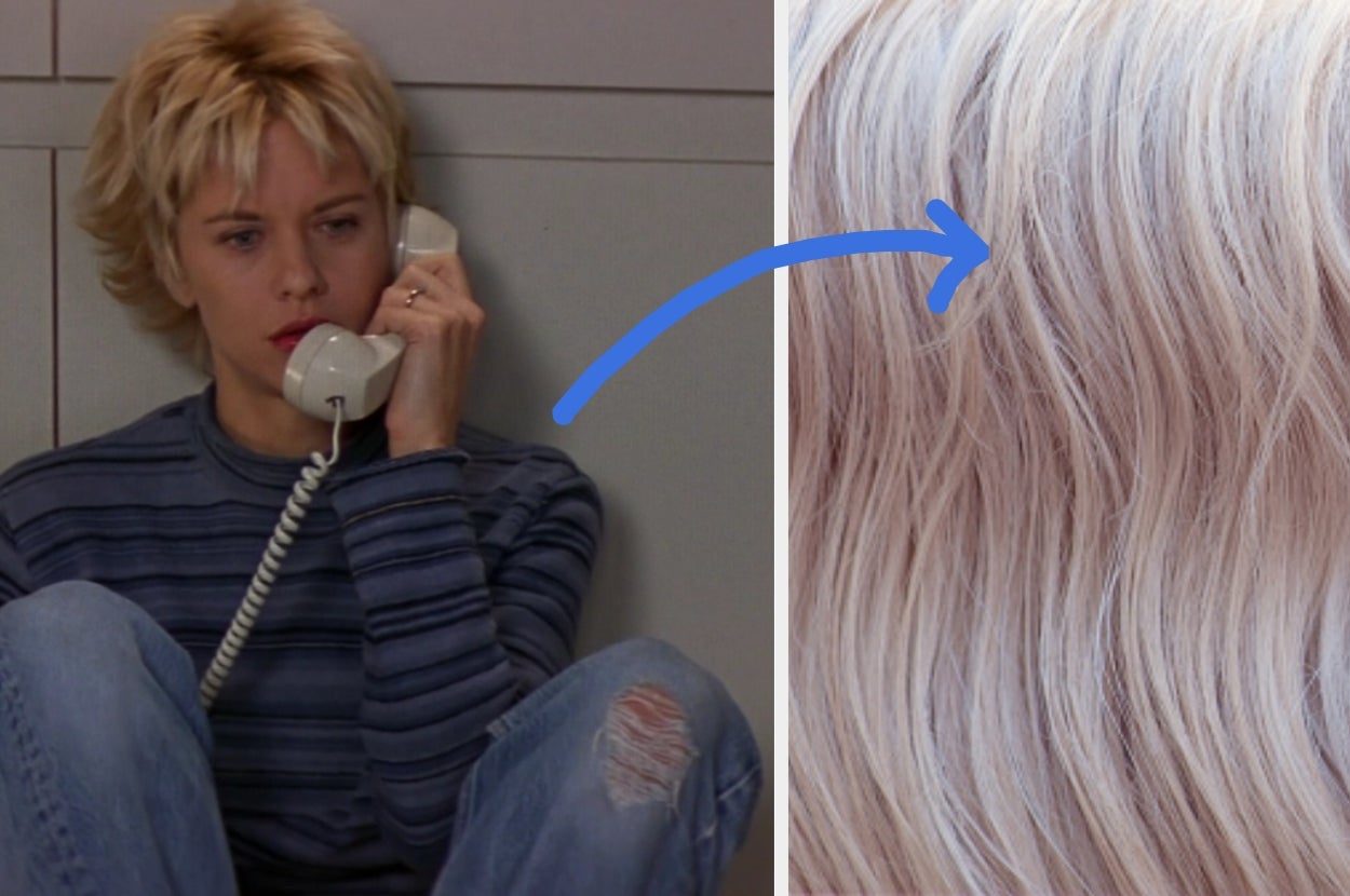 Person sitting with a corded phone next to an arrow pointing to similar layered hair in a close-up