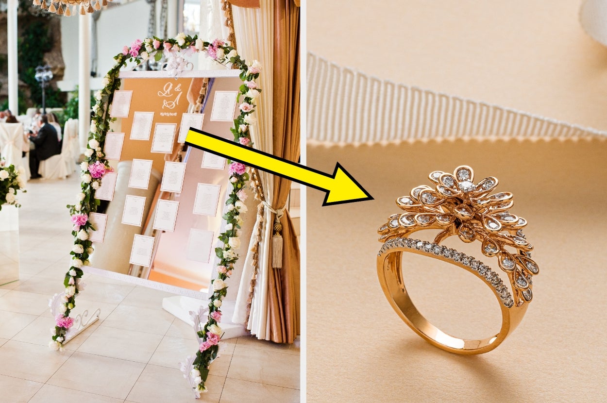 Wedding seating chart adorned with flowers on the left, fancy diamond-encrusted ring on the right, with an arrow pointing from chart to ring