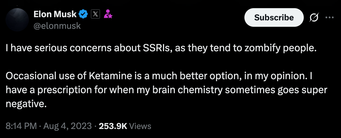 Elon Musk tweets concerns over SSRIs, suggesting occasional ketamine use as a better option for brain chemistry issues