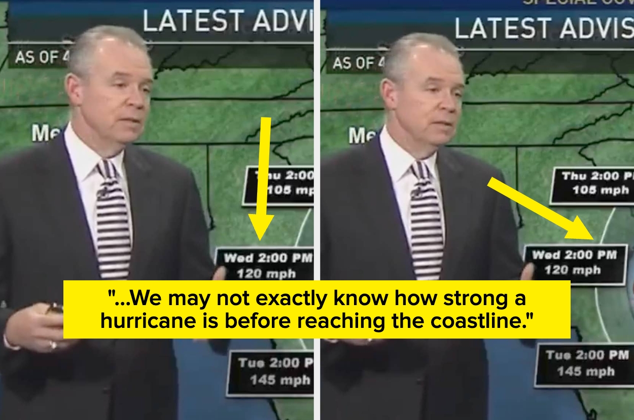 Newscaster on-screen discussing hurricane intensity, with captions highlighting uncertainty in predicting storm strength before it reaches the coast