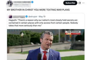 Screenshot of a tweet quoting Hegseth discussing national secrets, with a person in a suit speaking outside the Pentagon