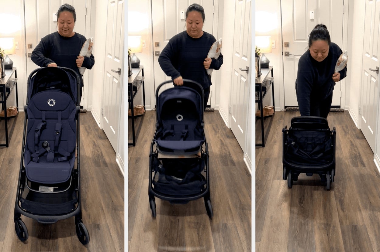 Person demonstrating how to fold a stroller in three steps inside a home hallway