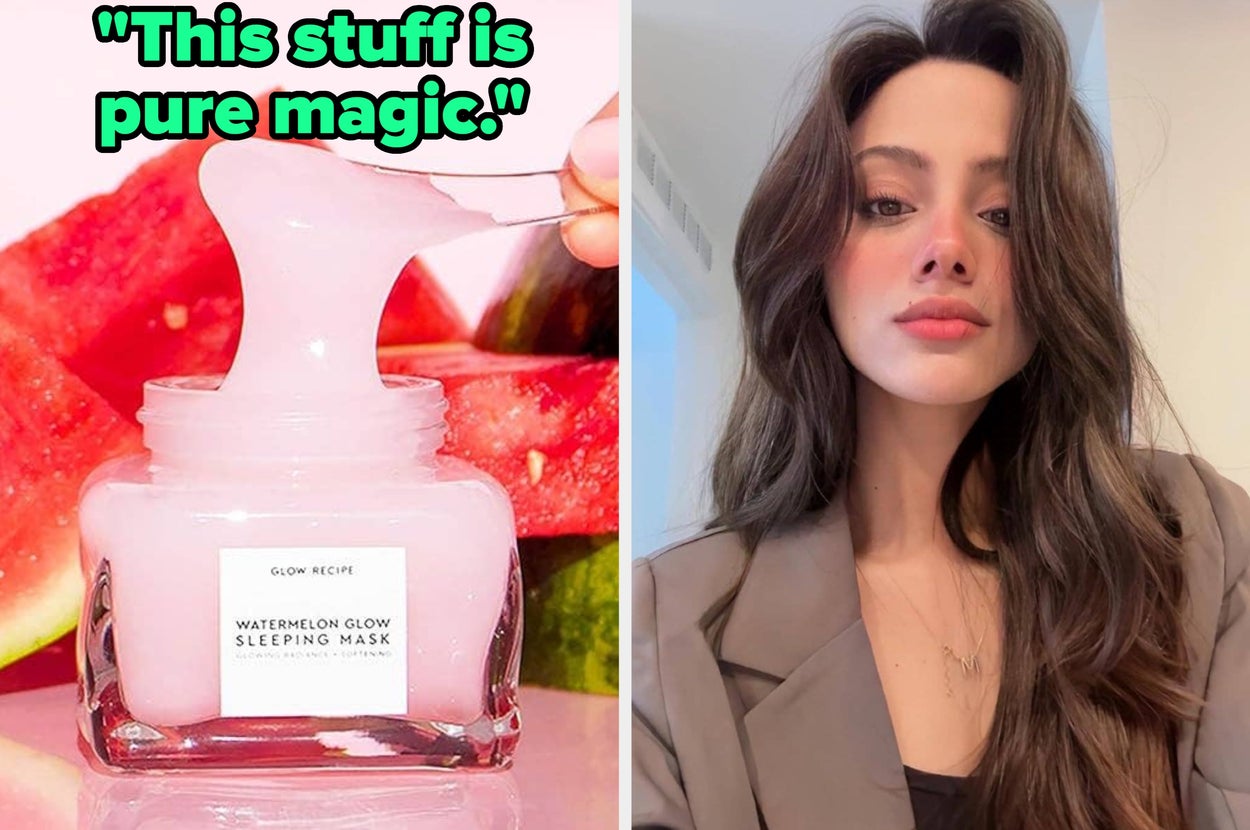 Watermelon Glow Sleeping Mask jar and a person applying it, emphasizing skincare enhancement and product application