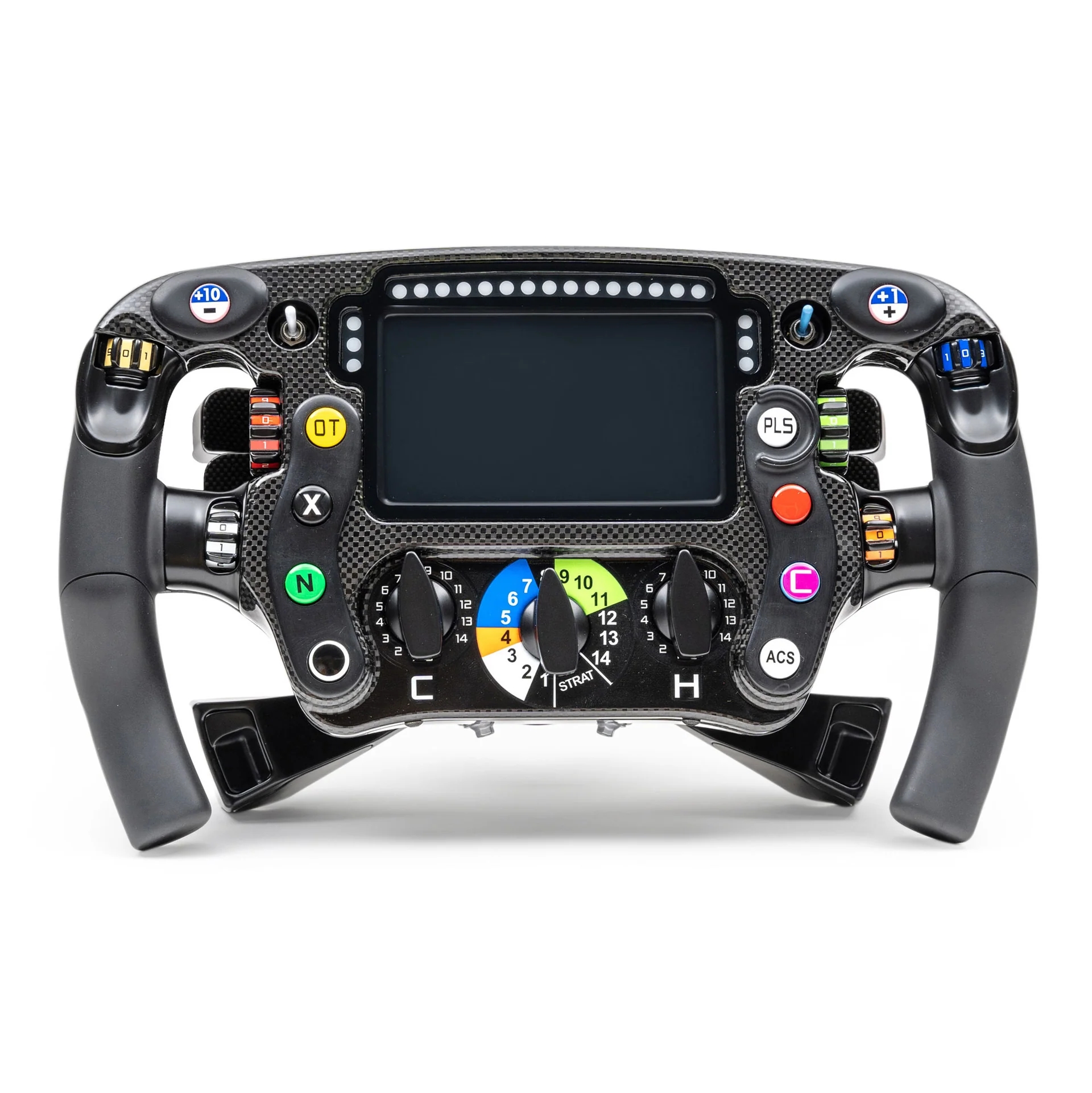 Racing car steering wheel with various buttons, dials, and a digital screen, designed for precision control in motorsports