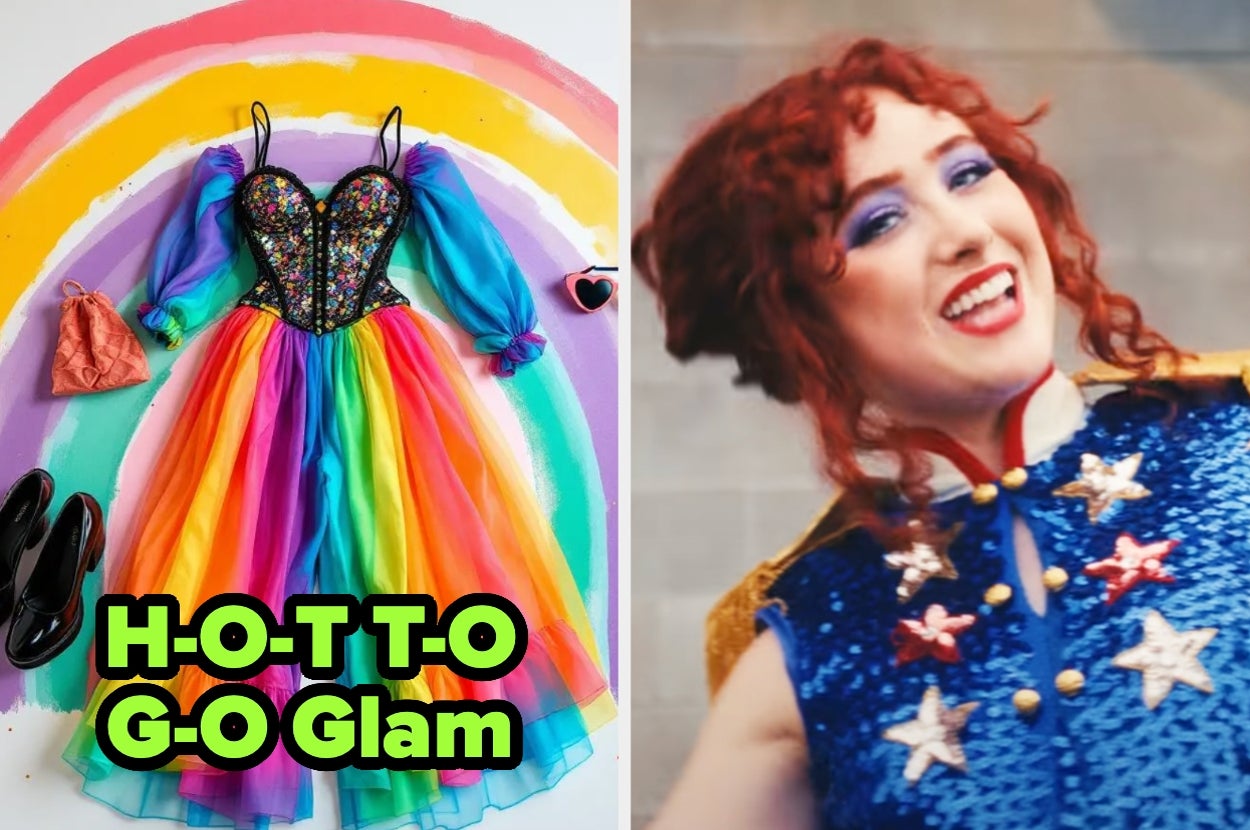 On left, a rainbow dress with a sequin bodice; on right, a person in a blue sequined outfit smiling. Text: "H-O-T-T-O G-O Glam."
