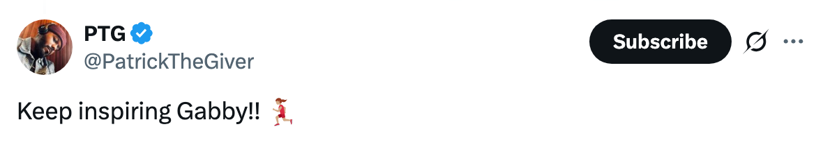 Tweet by PTG stating, "Keep inspiring Gabby!!" with a dancing emoji