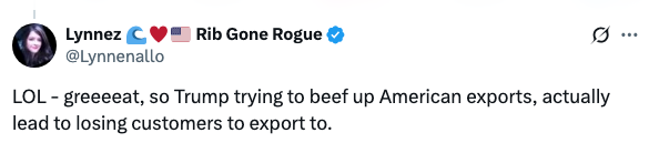 Tweet by Lynnez about Trump&#x27;s export policy leading to a loss of customers