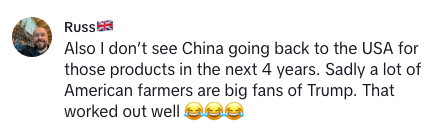 A social media comment expressing skepticism about China trading with the USA and referencing American farmers&#x27; support for Trump