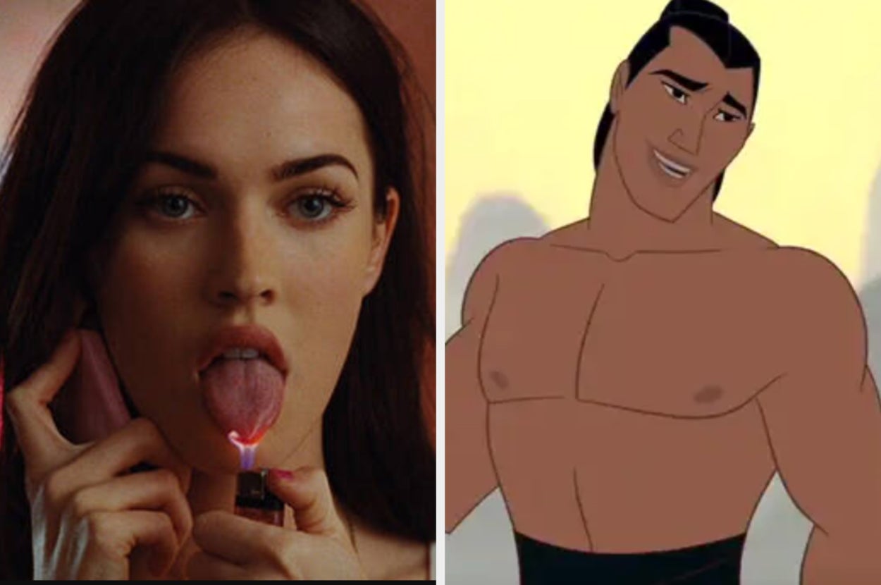Megan Fox holds a lighter to her tongue; Li Shang shirtless from Mulan