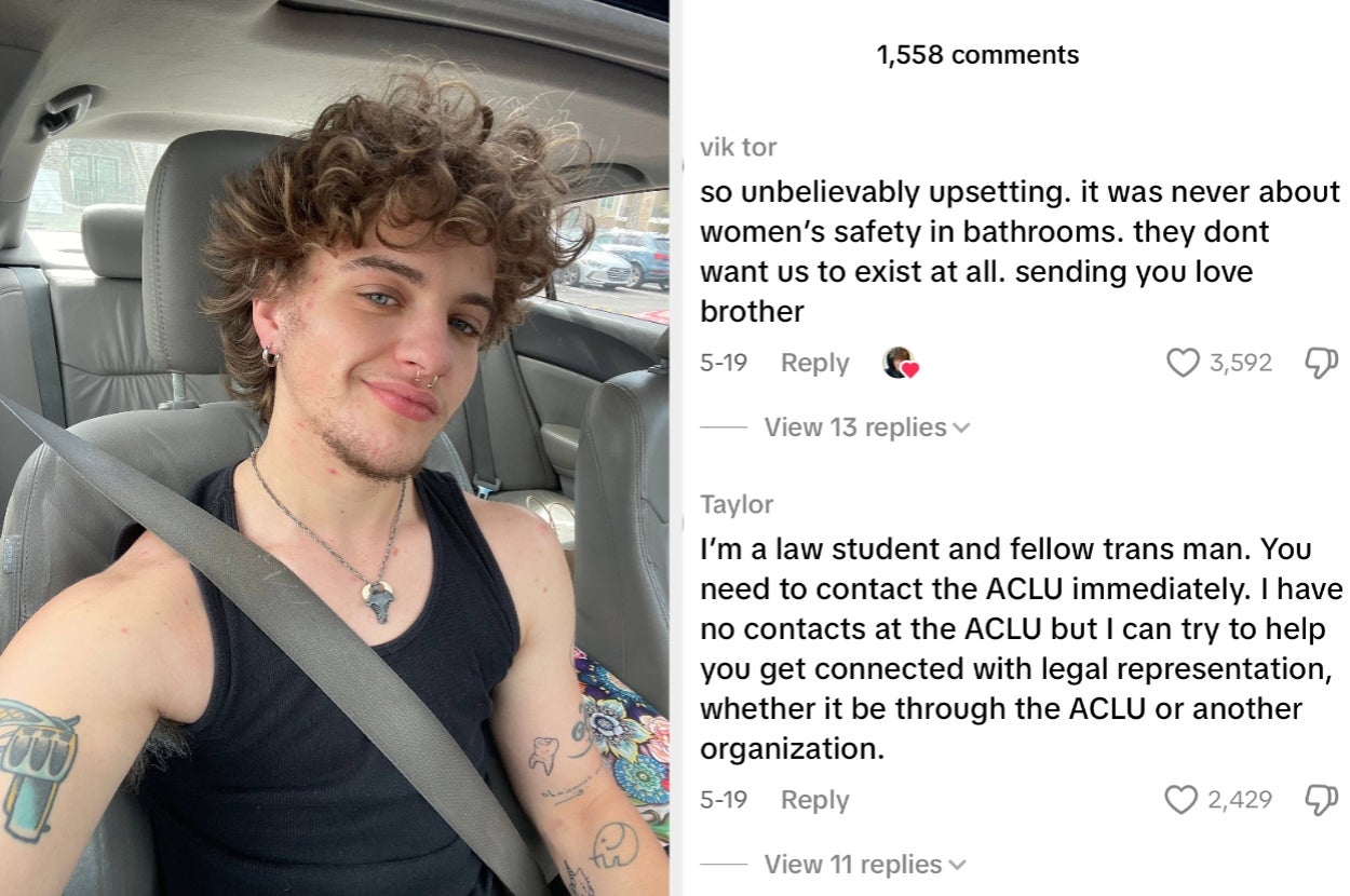 Person with tattoos and curly hair sits in a car and shares a selfie. Comments discuss LGBTQ+ rights and offer legal support through ACLU or similar organizations