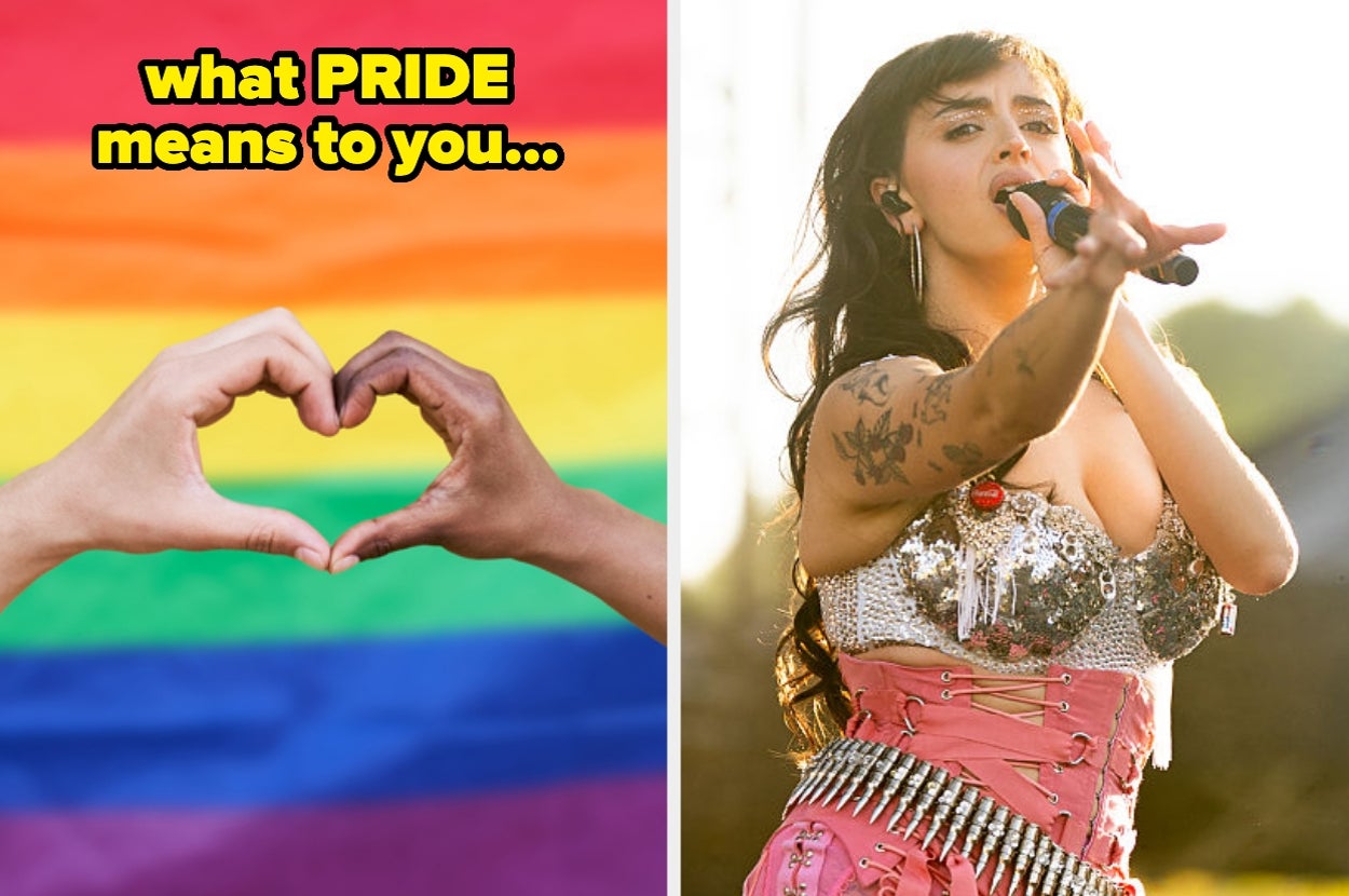 Left: Hands forming a heart in front of a rainbow flag with text "what PRIDE means to you." Right: Performer in embellished outfit singing on stage