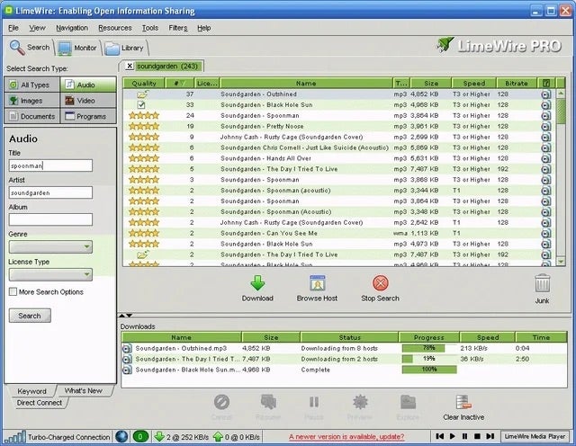 Screenshot of LimeWire PRO interface showing audio files available for download, with details like title, artist, album, and download speed