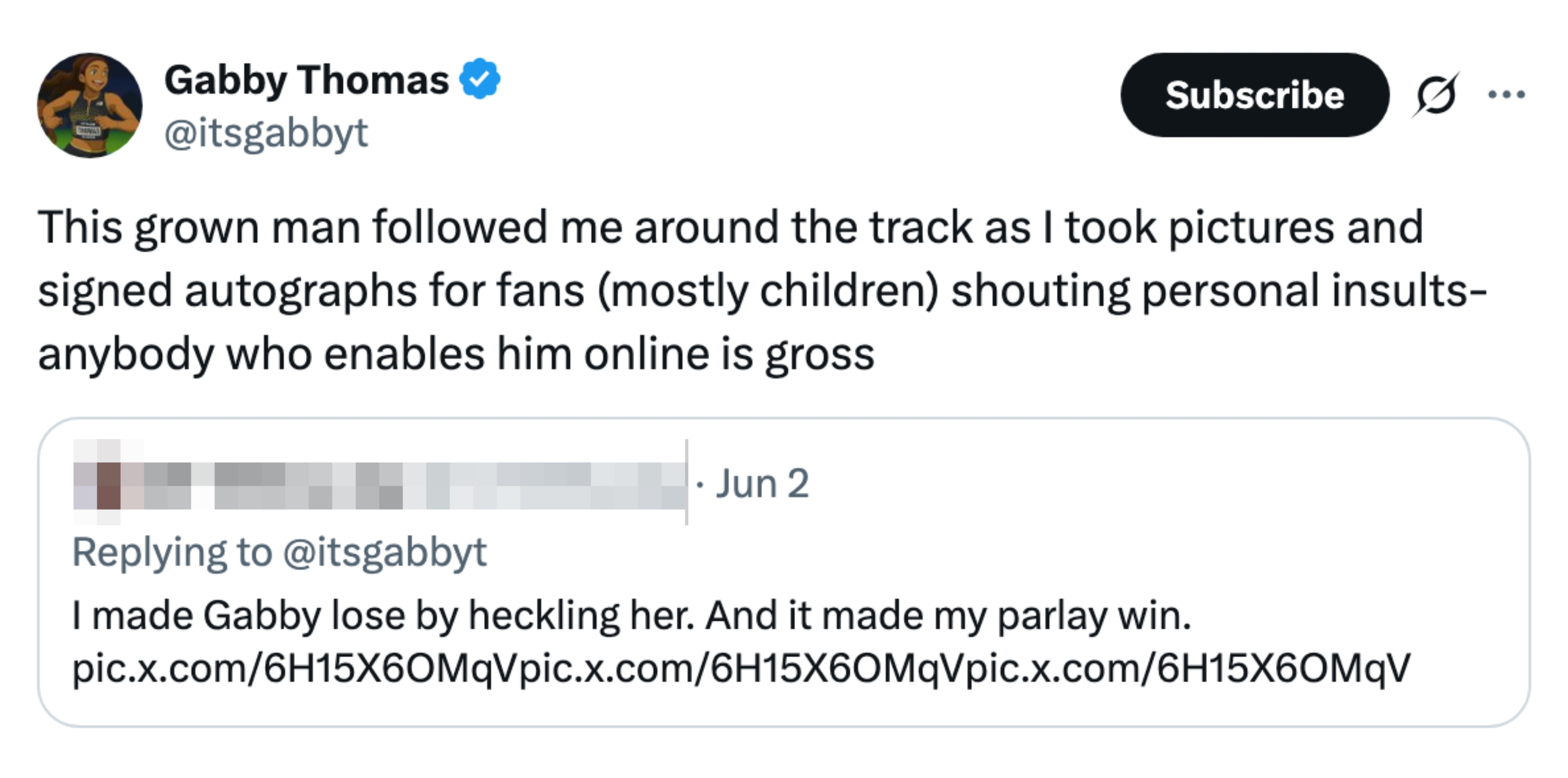 Tweet by Gabby Thomas criticizing a man for heckling her during a track event and involving children; she finds enabling him online inappropriate