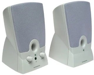 Two desktop computer speakers with a front panel featuring volume and bass control knobs