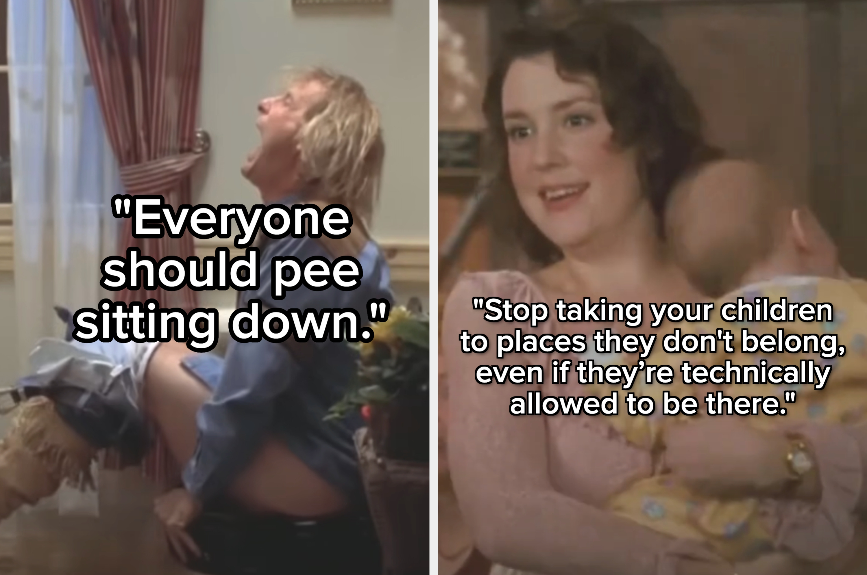 On the left, a person humorously reacts while sitting on a toilet. On the right, a woman holds a baby, smiling warmly