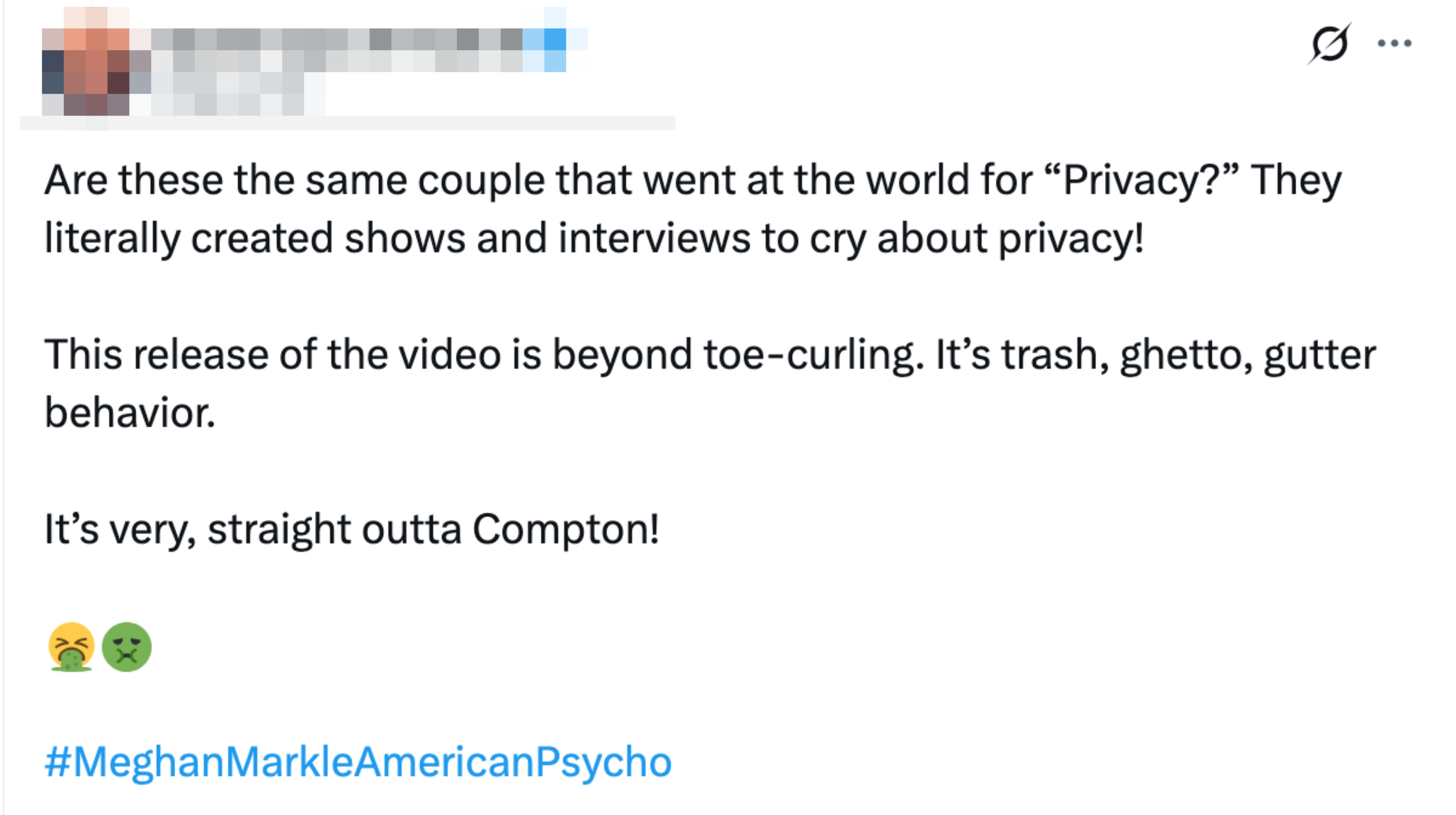 Tweet criticizing a couple for discussing privacy, calling it "toe-curling" behavior and using derogatory terms. Includes hashtags