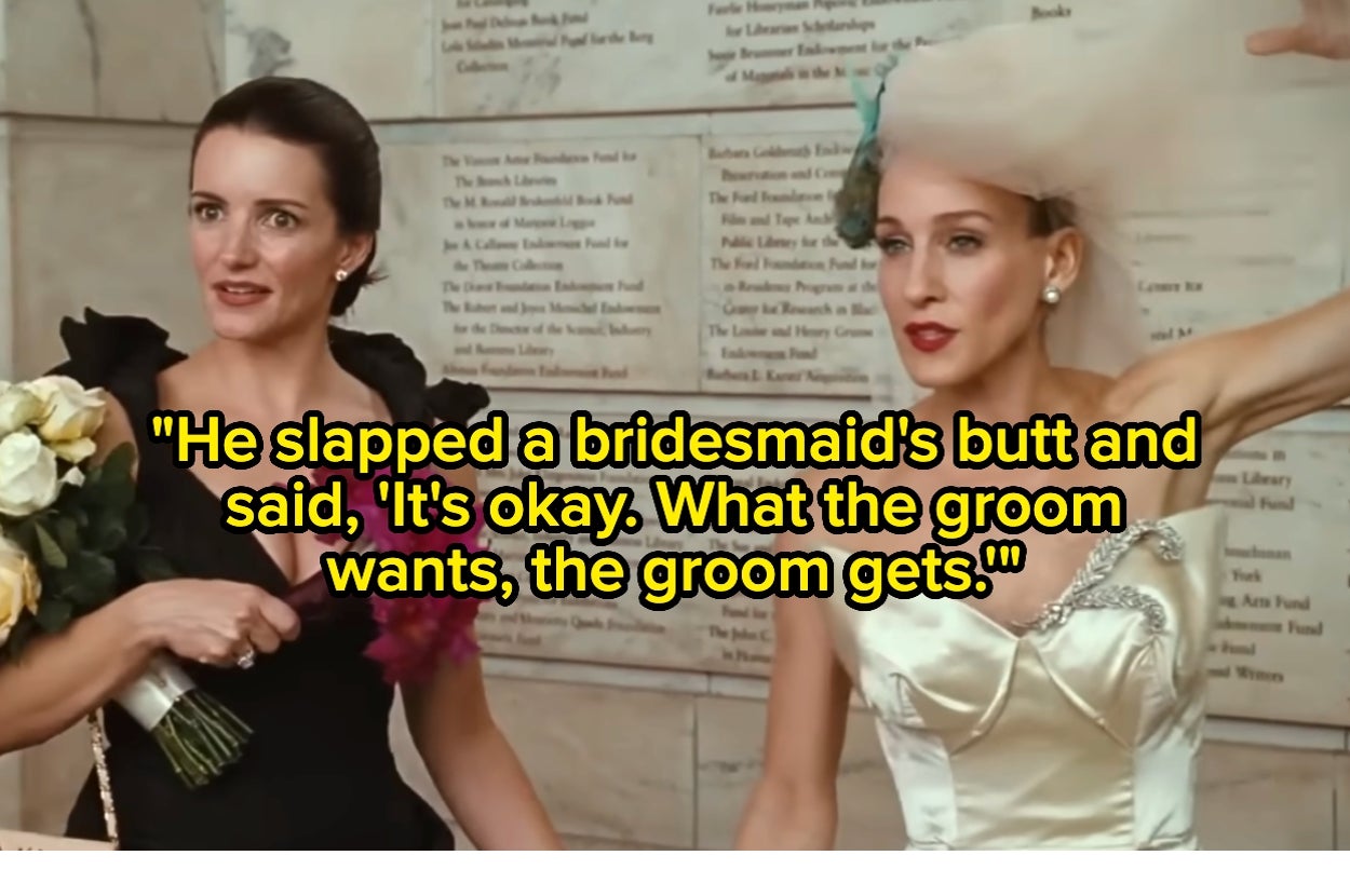 Two women stand together; one wears a sleek black dress, the other a white bridal gown with a feathered headpiece. Overlay text describes a groom's behavior