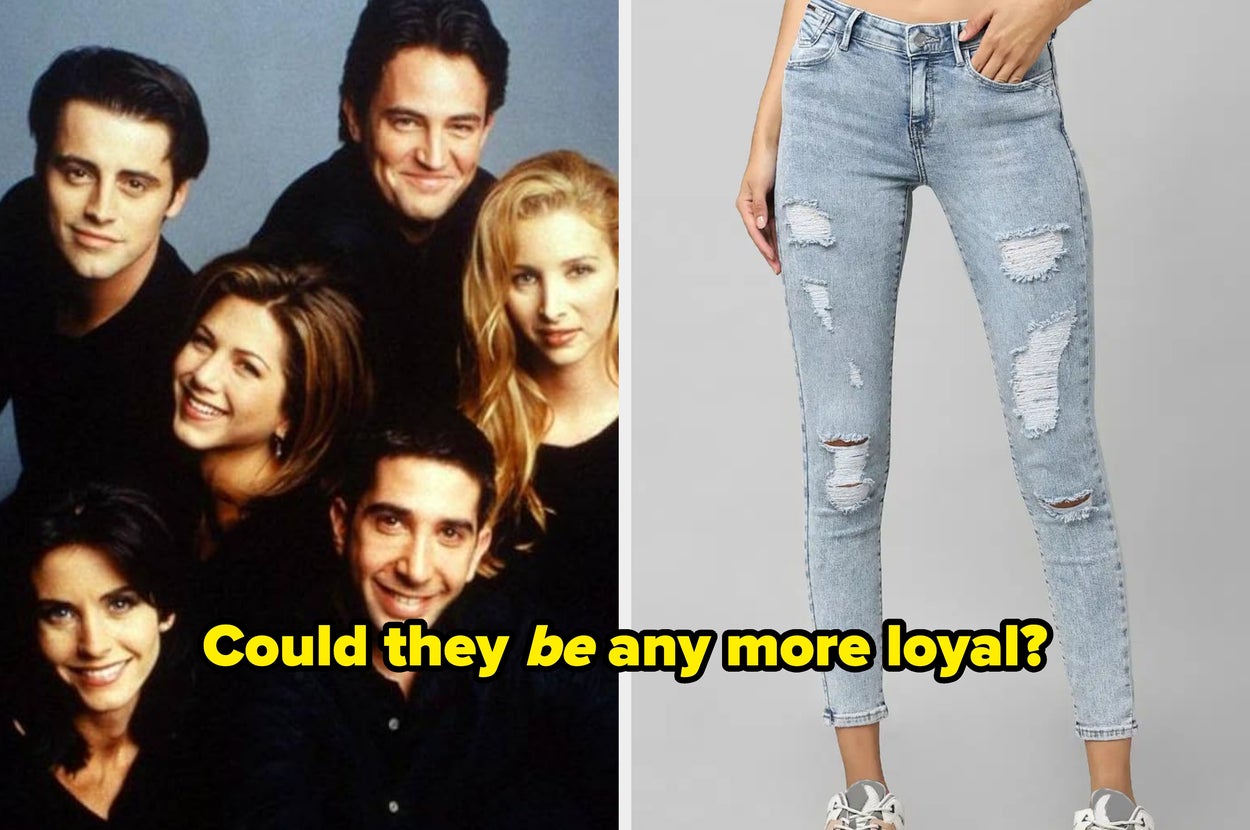 Flip phone with rhinestones and a pair of ripped skinny jeans. Text: "Flip phones. Skinny jeans. Forever loyal."