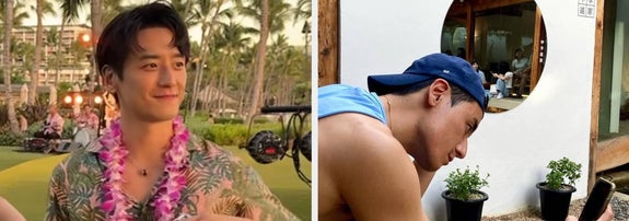 二人が芝生の上でポーズ。男性はアロハシャツ、ショートパンツ、レイを着用。女性は青いドレス。温暖な気候の屋外設定。