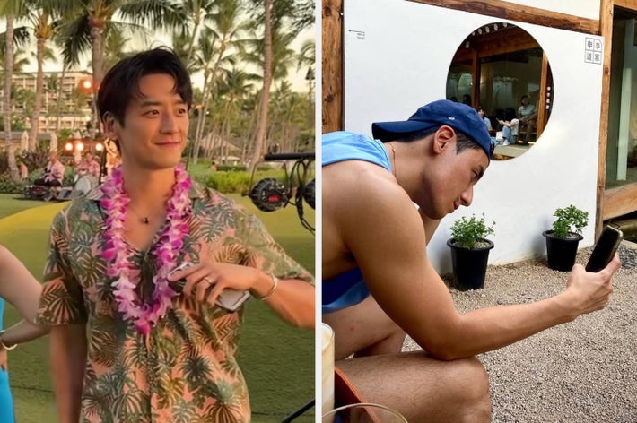 二人が芝生の上でポーズ。男性はアロハシャツ、ショートパンツ、レイを着用。女性は青いドレス。温暖な気候の屋外設定。