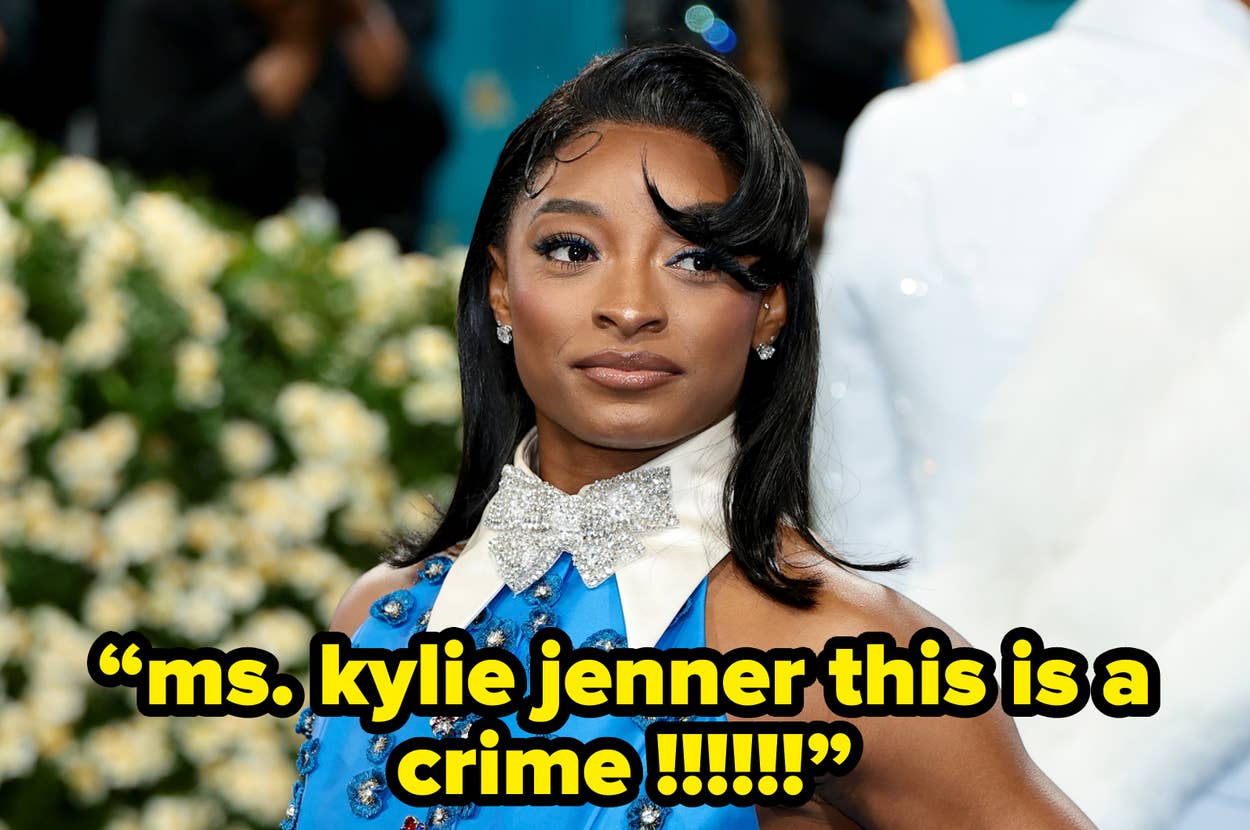 Simone Biles at an event. Text: âms. kylie jenner this is a crime !!!!!!â