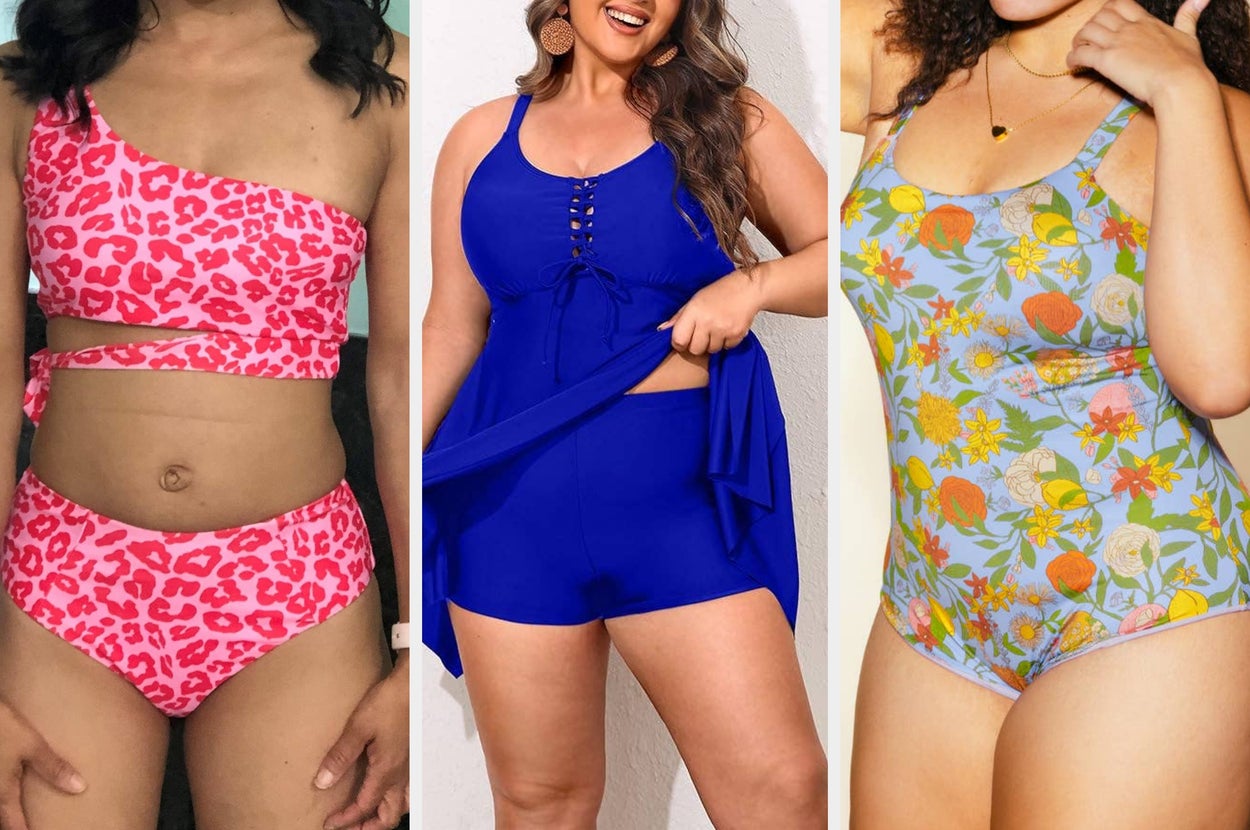Three women each wearing different types of swimsuits: floral one-piece, blue tankini with shorts, and pink leopard print bikini