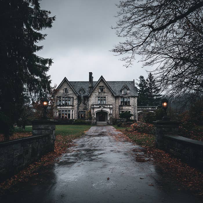 Large, old mansion with gothic architecture on a rainy day, surrounded by leafless trees and a wet driveway