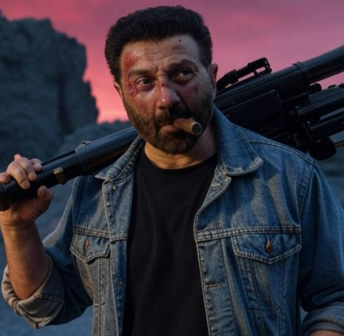 Man with a rugged expression holding a large weapon over his shoulder, wearing a denim jacket and black shirt, with a cigar in his mouth against a rocky backdrop