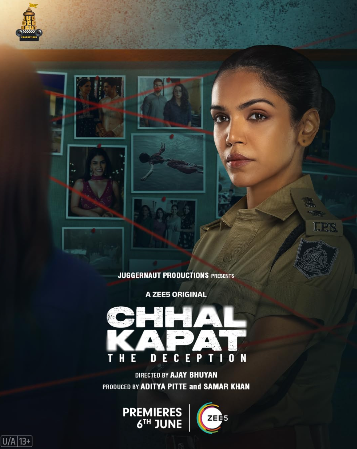 Woman in police uniform stands confidently; backdrop of photo wall. "Chhal Kapat: The Deception" premieres June 6th