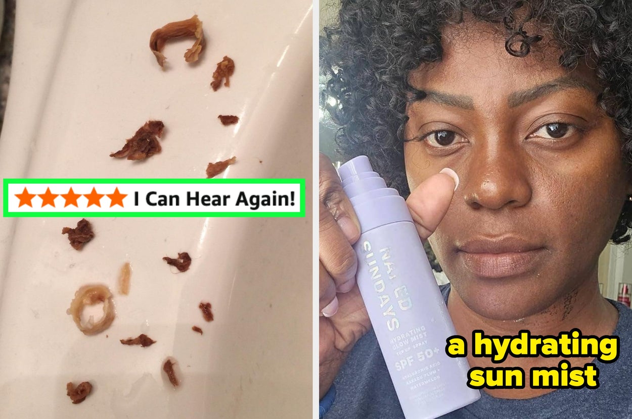Left: earwax pieces on a sink, screenshot text: "I can hear again".. Right: Person holding SPF 50+ sunscreen bottle close to the face