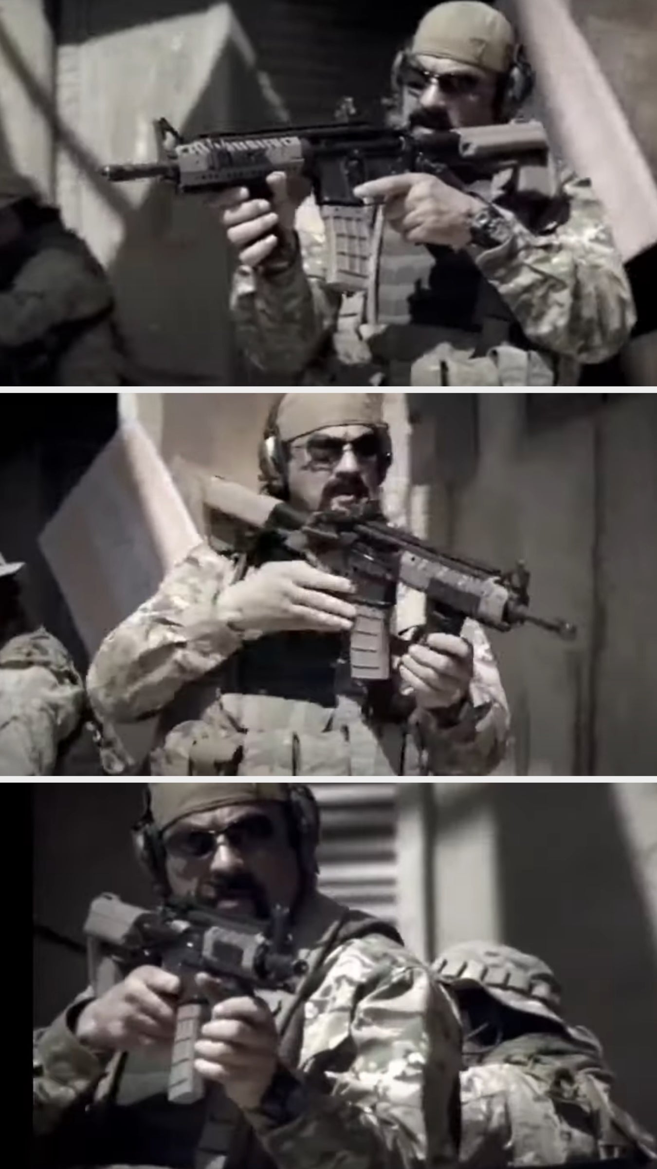 Seagal in tactical gear holding a rifle in various incorrect positions