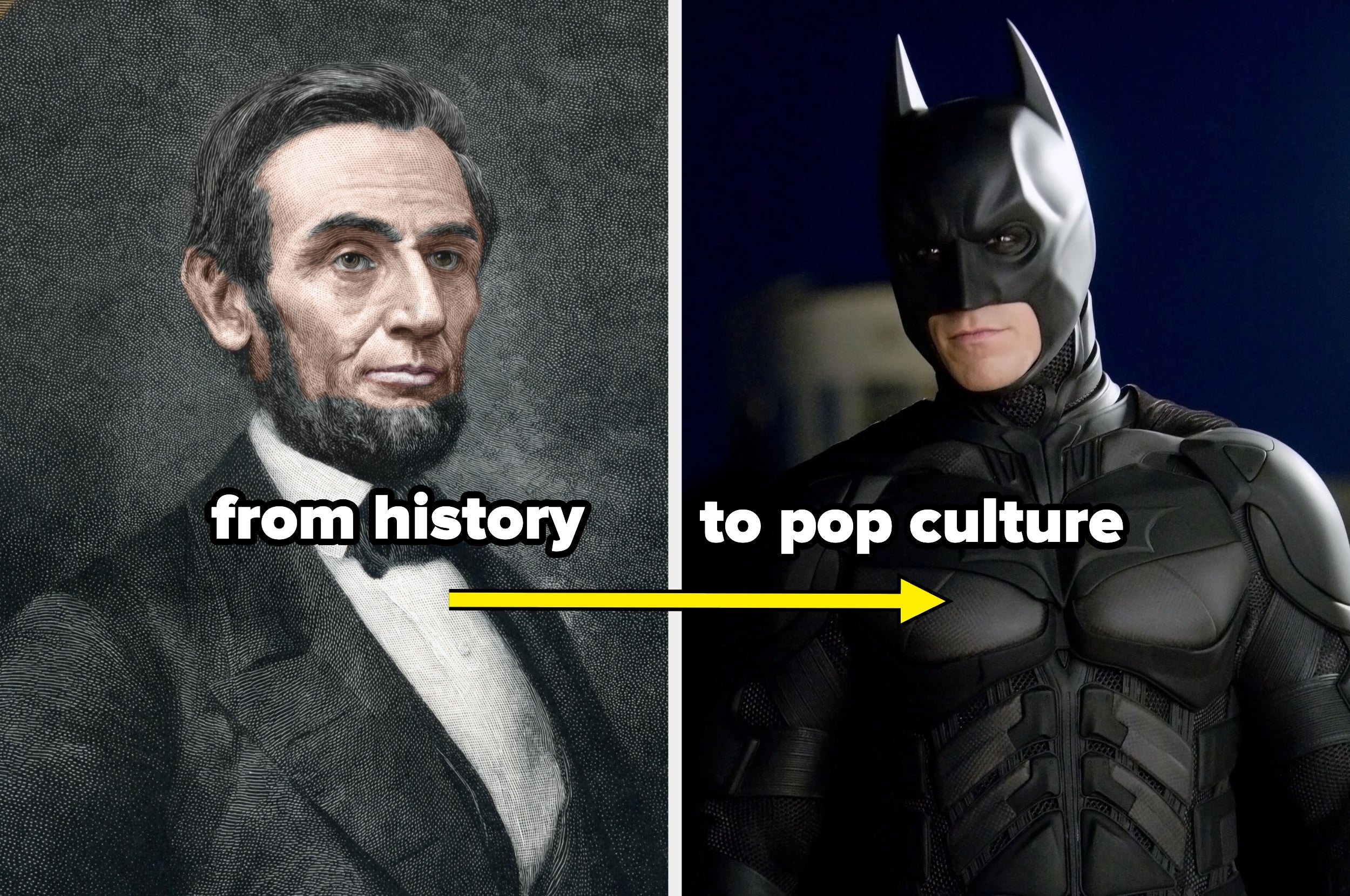 Illustration of Abraham Lincoln and Batman with text "from history to pop culture" between them