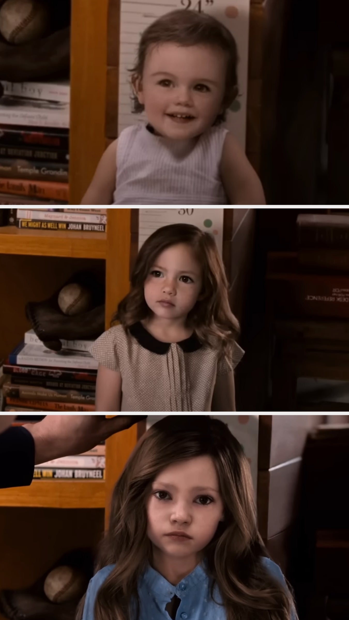 Renesmee at three different ages and heights as she rapidly ages. The CGI makes her look fake
