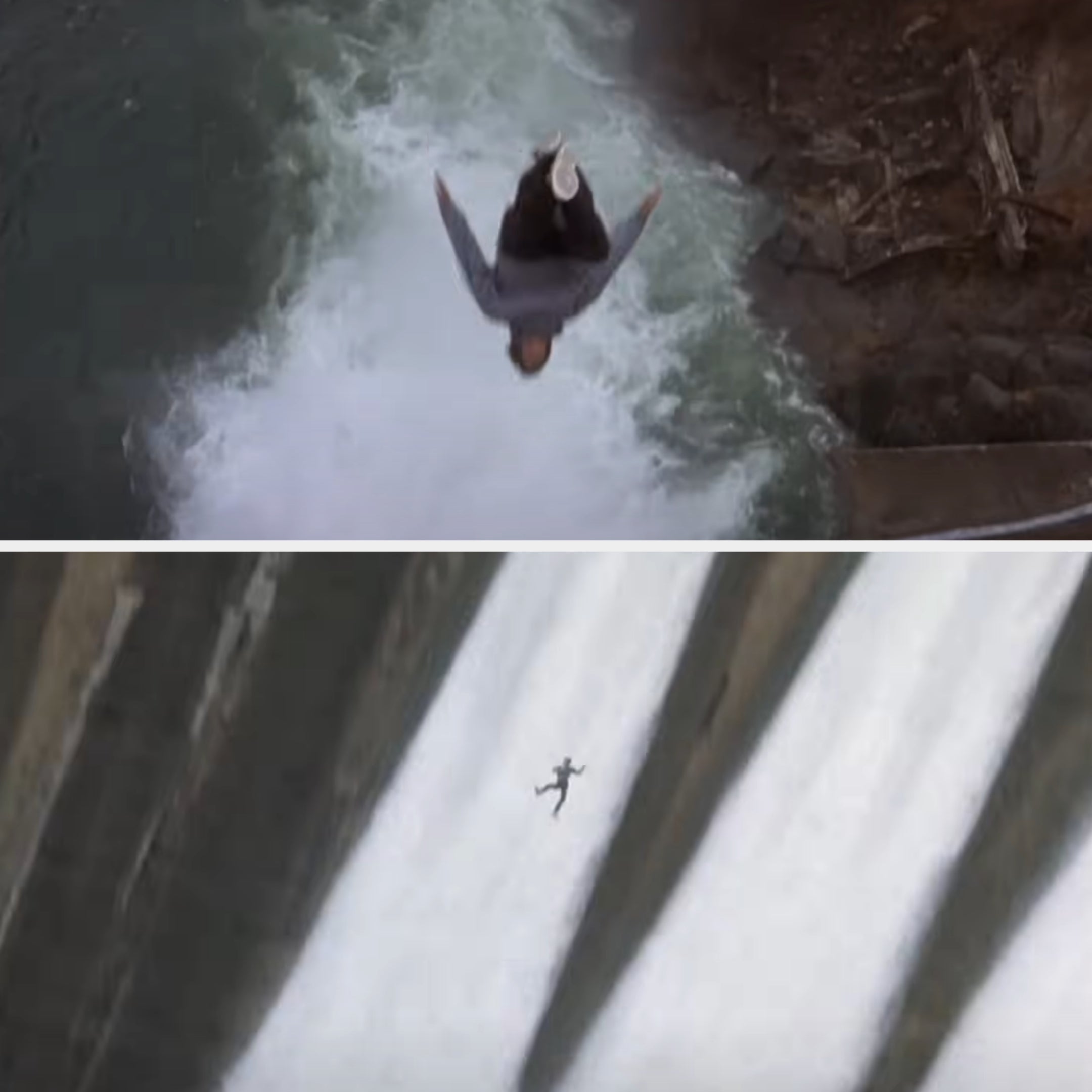 Dummy/mannequin falls from a height toward a waterfall in mid-air, surrounded by mist and cascading water