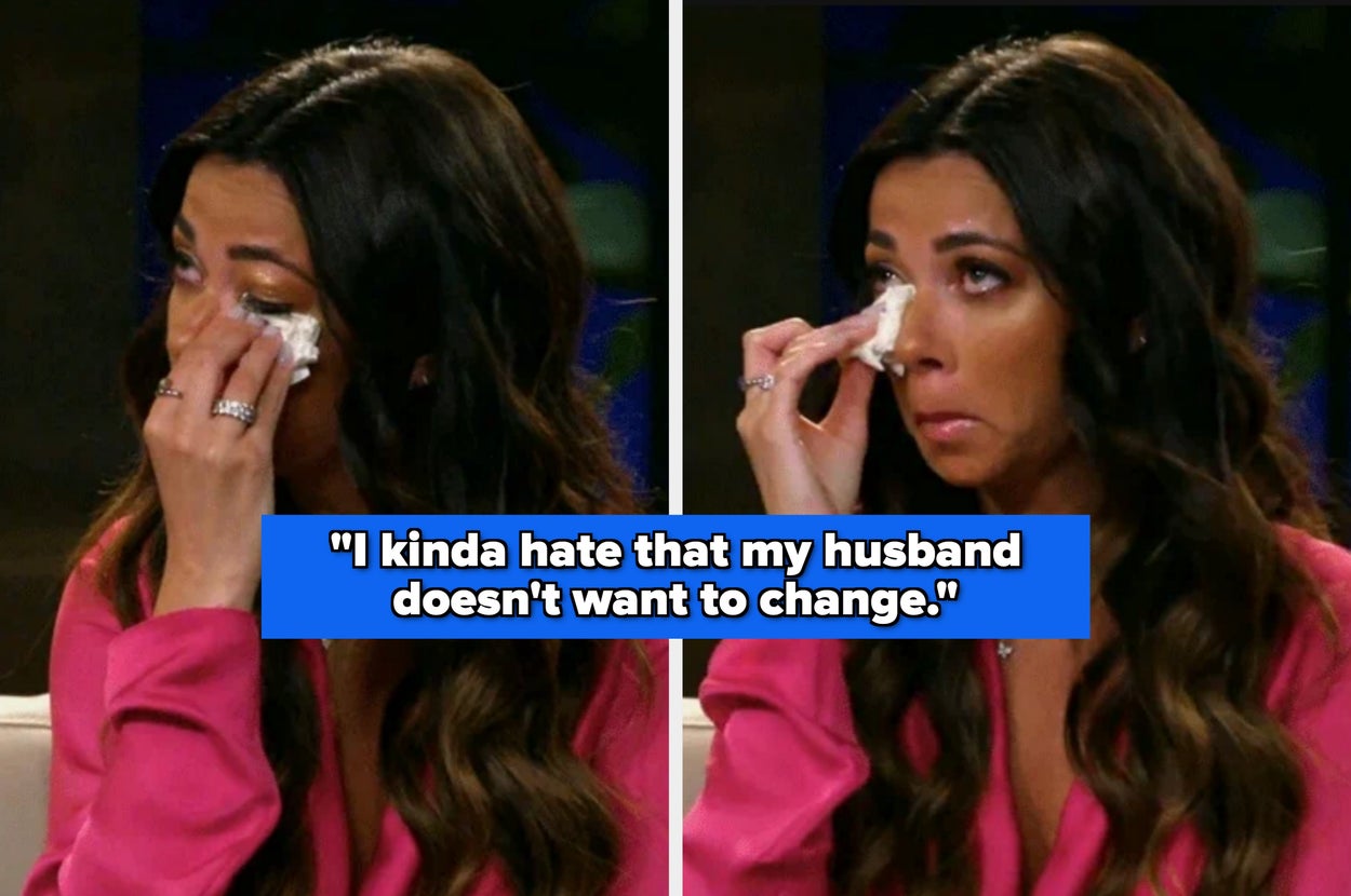 Left: Person holding a ring with text about marital frustration. Right: Couple in a tense moment by a window