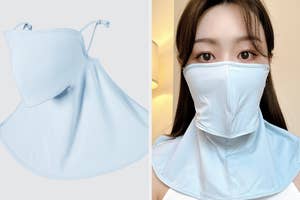 女性が顔を覆うマスクを着用している。