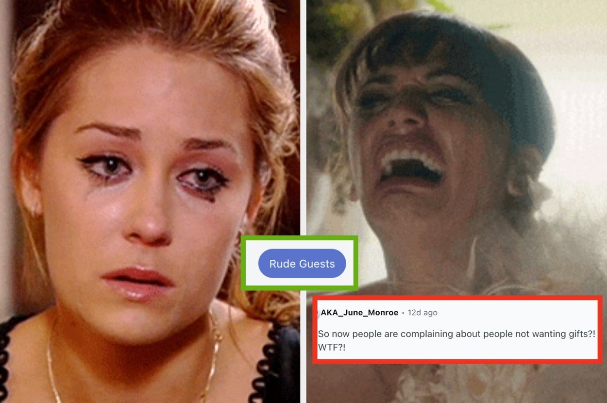 Two women crying with mascara streaks; text: “Rude Guests.” Comment: "So now people are complaining about people not wanting gifts?! WTF?!"