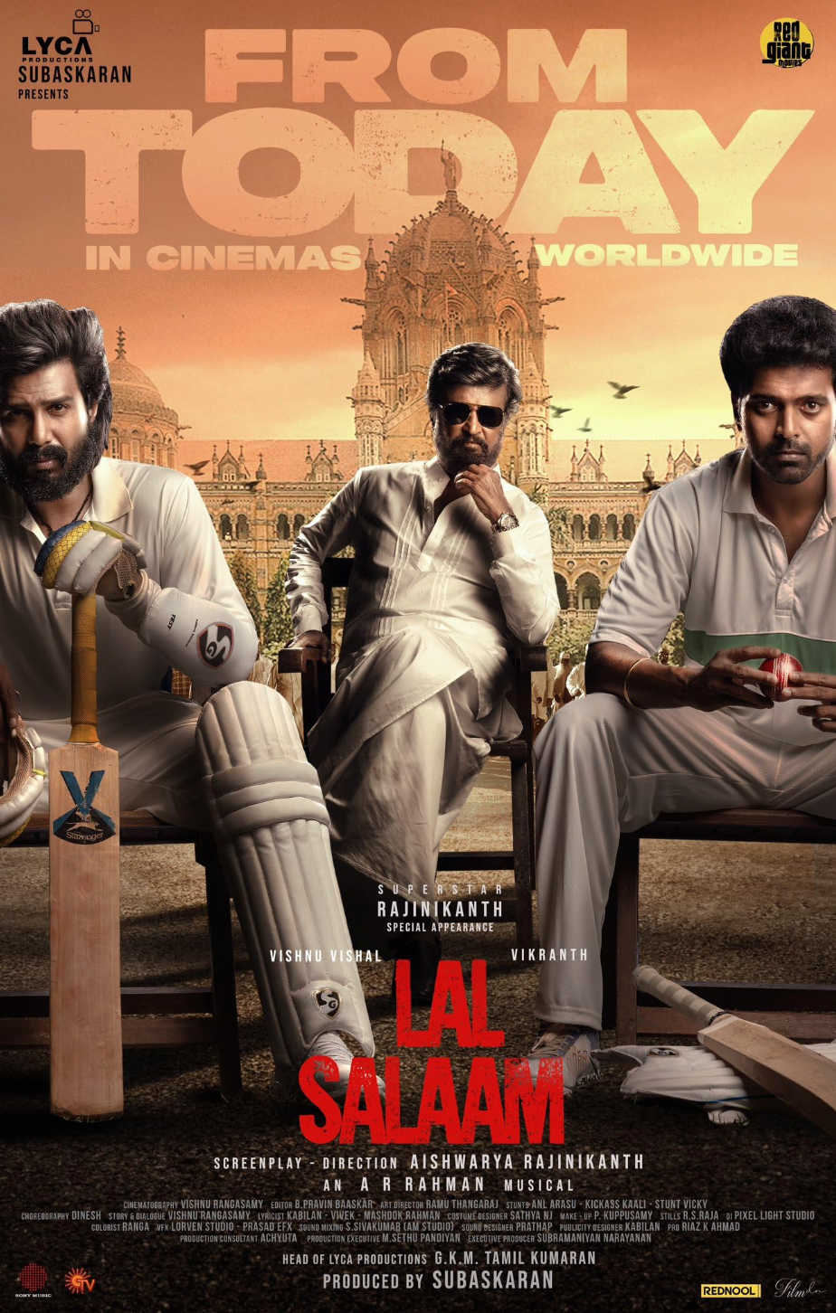 Three men sit and stand confidently, dressed in cricket gear and casual attire, against a backdrop of a grand building with the text "Lal Salaam."
