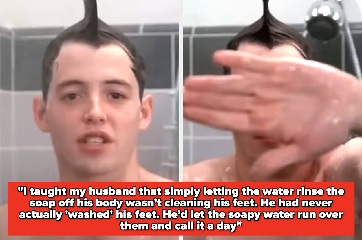 Young man in a shower, covering his face with a hand. Caption discusses feet washing habits