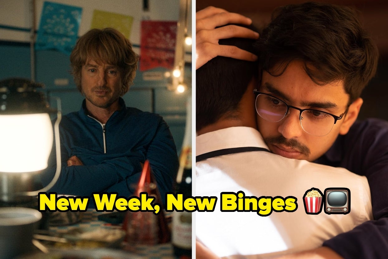 Split image: Left, person with disheveled hair at a table. Right, two people hugging. Caption: "New Week, New Binges" with popcorn and TV emojis