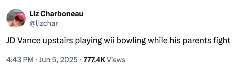 Tweet by Liz Charboneau joking about JD Vance playing Wii bowling while his parents fight; viewed 777.4K times