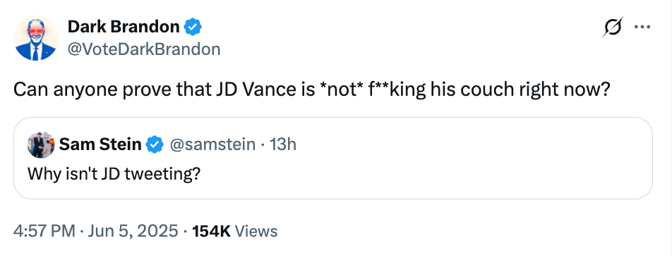 Tweet jokingly questions why JD Vance is not tweeting, followed by another tweet humorously suggesting an unlikely activity for Vance