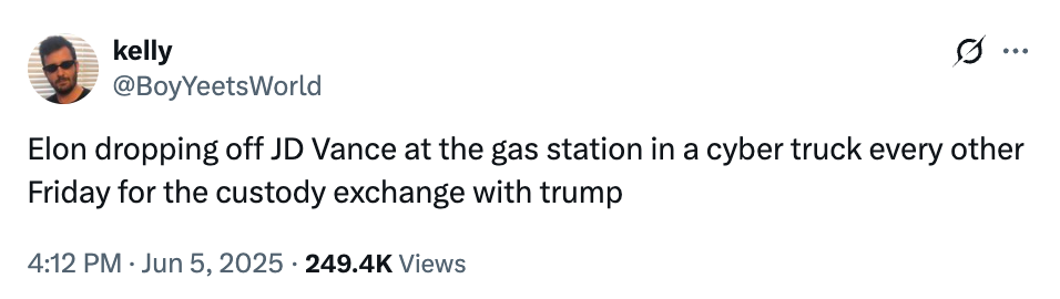 Tweet jokes about Elon Musk dropping off JD Vance for a custody exchange with Trump at a gas station