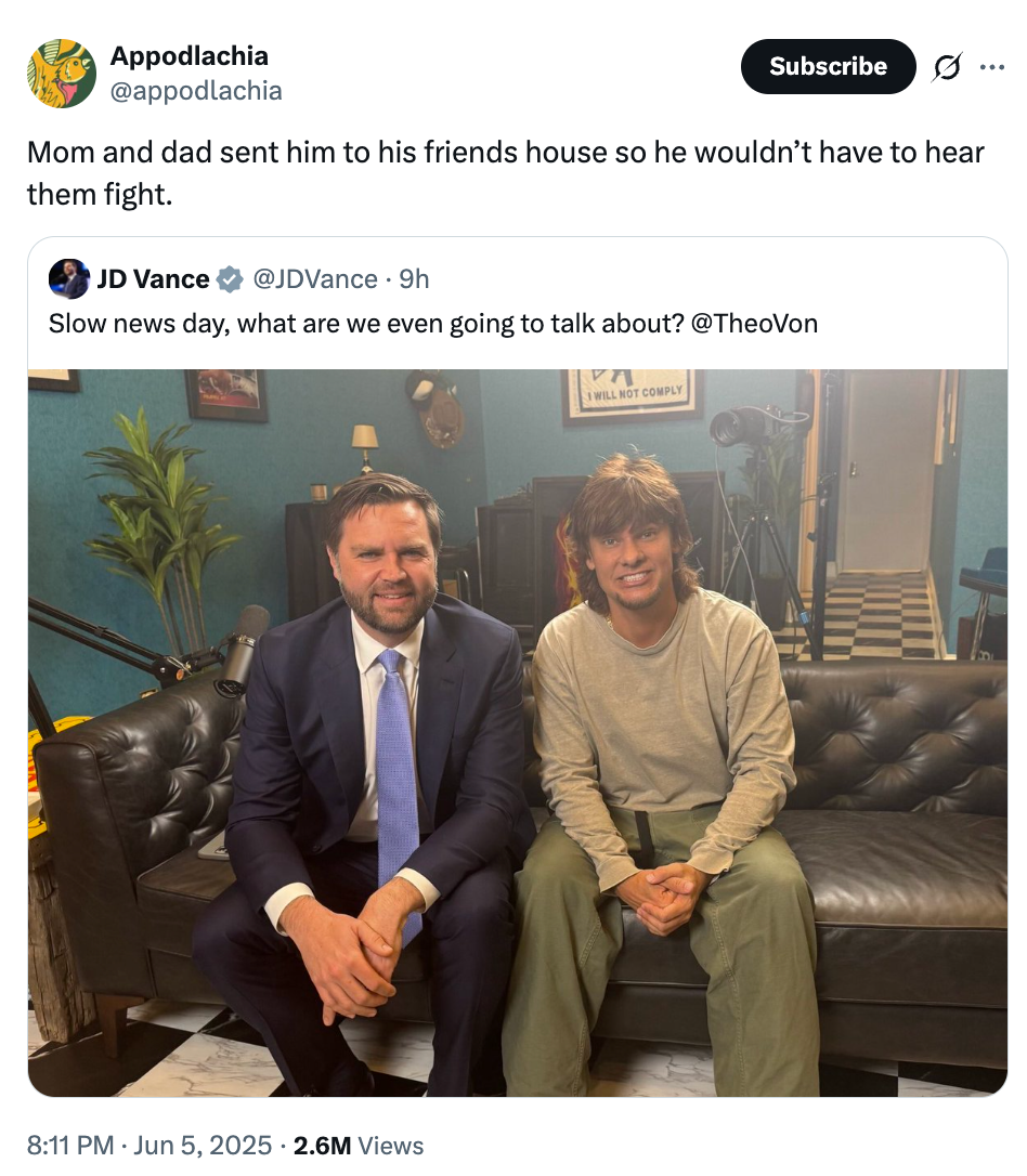 Two people sit casually in a living room. The caption jokes about avoiding parental arguments