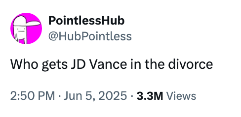 Tweet by @HubPointless asking, &quot;Who gets JD Vance in the divorce,&quot; with 3.3 million views, posted on June 5, 2025