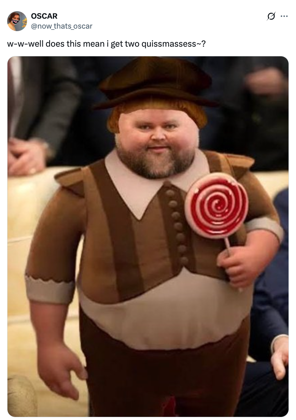 Person in a brown and white costume holding a large lollipop, resembling a character from a candy-themed story